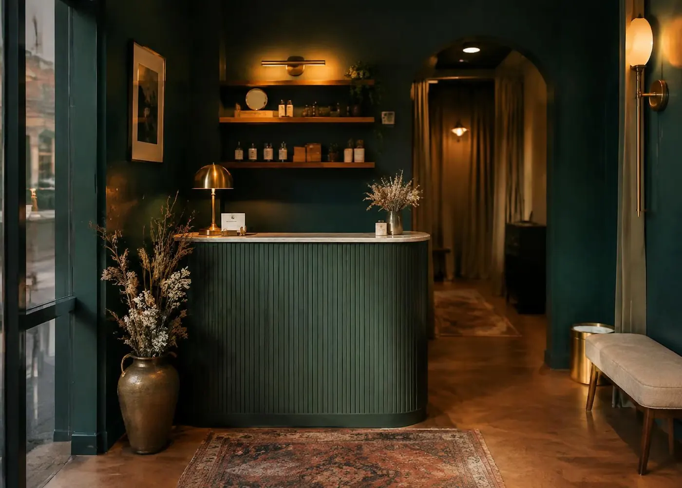 Small boutique spa reception with dark green panelling, brass lamp and dried florals