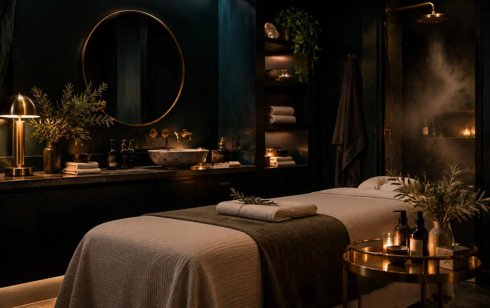 Candlelit spa treatment room with deep teal walls, brass lamp and folded linens