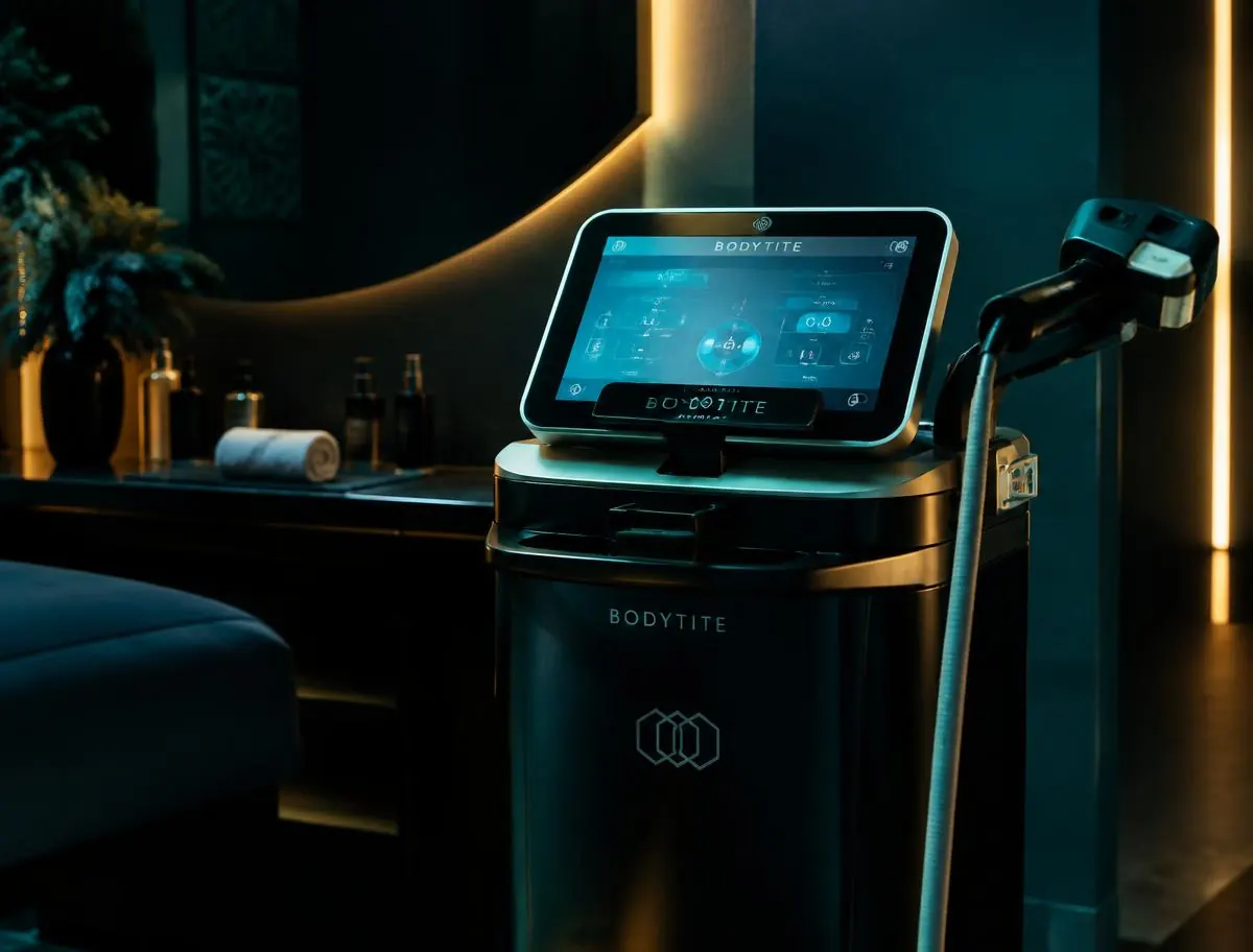 Body contouring device with a lit screen in a dark treatment room