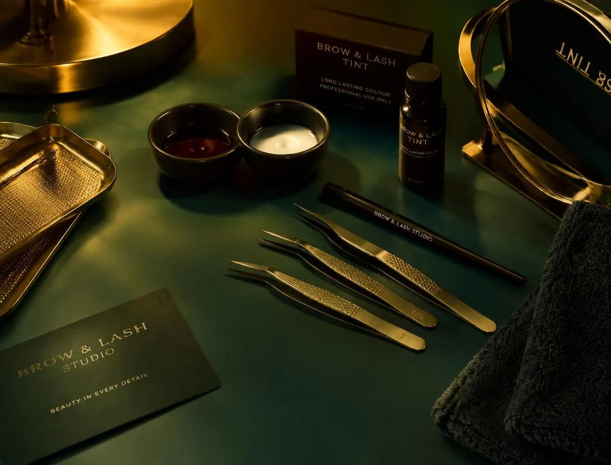 Brow and lash station with tweezers, tint bowls and a brass mirror