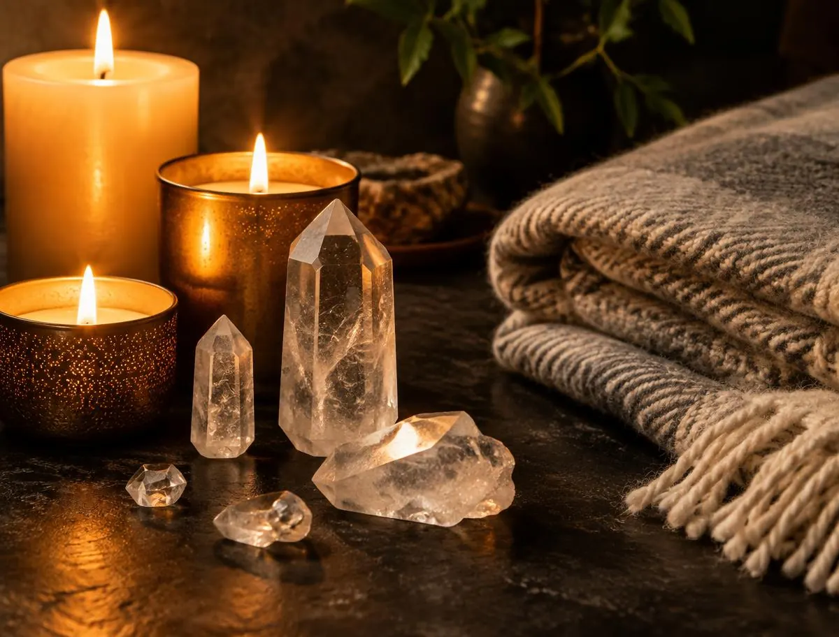 Lit candles, quartz crystals and a folded wool blanket