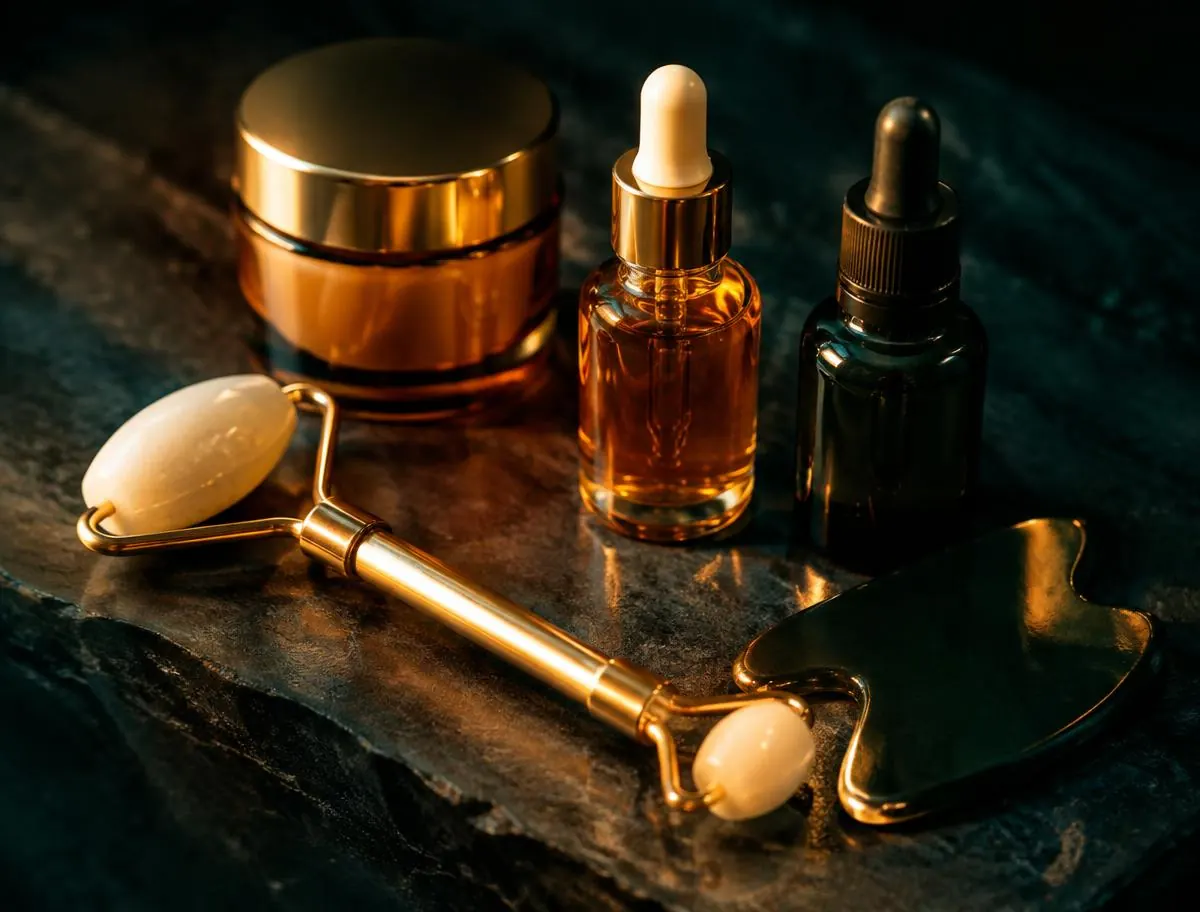 Gold facial roller, gua sha and serum bottles on dark stone