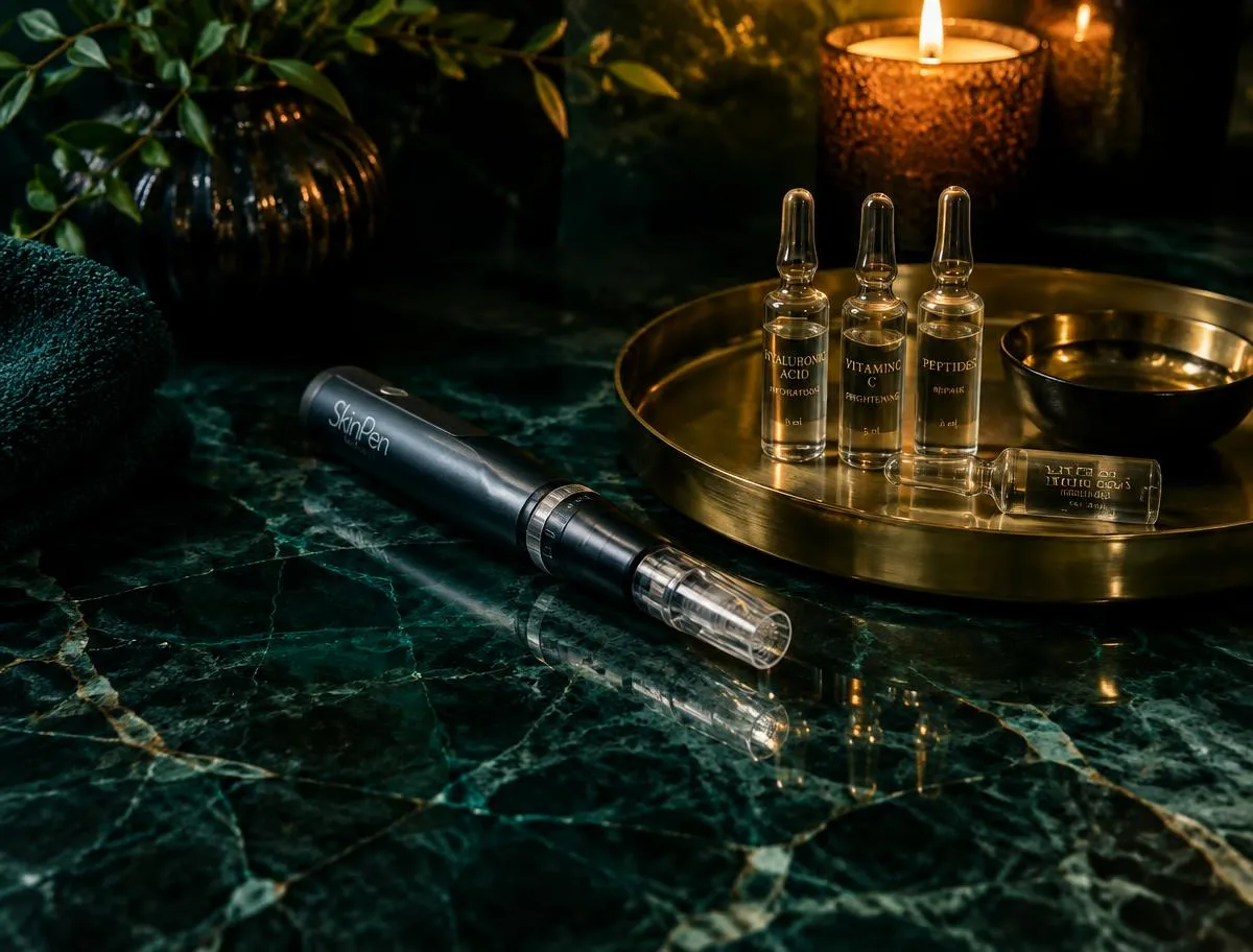 Microneedling pen and serum ampoules on a brass tray