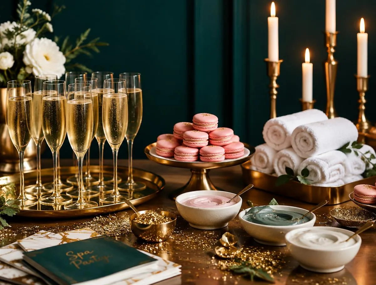 Spa party table with champagne, pink macarons, face masks and gold glitter