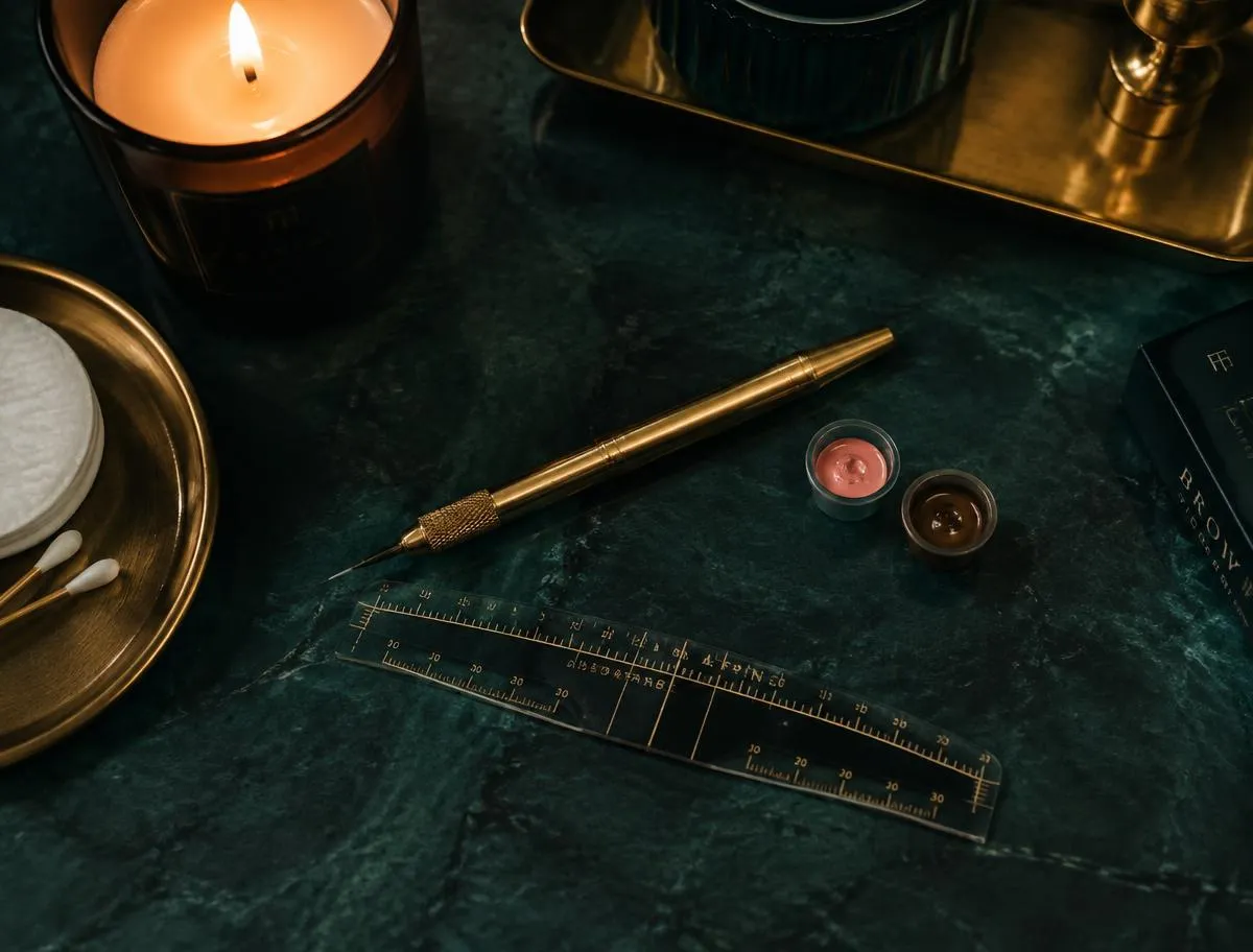 Brass microblading pen, brow ruler and pigment cups on dark stone